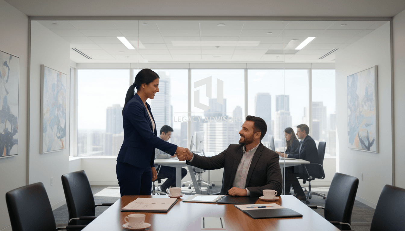 Insurance professional reviewing documents with client in bright office space