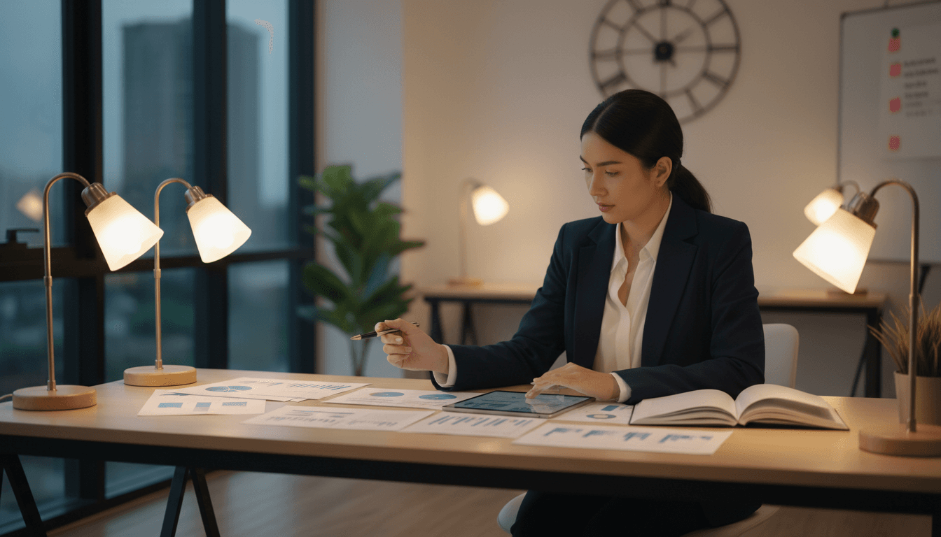 Insurance consultant reviewing risk management documents at desk