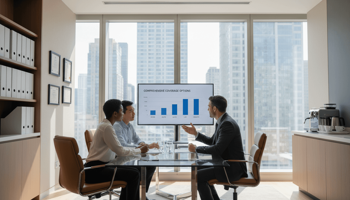 Insurance consultant reviewing risk management documents with business client in professional office
