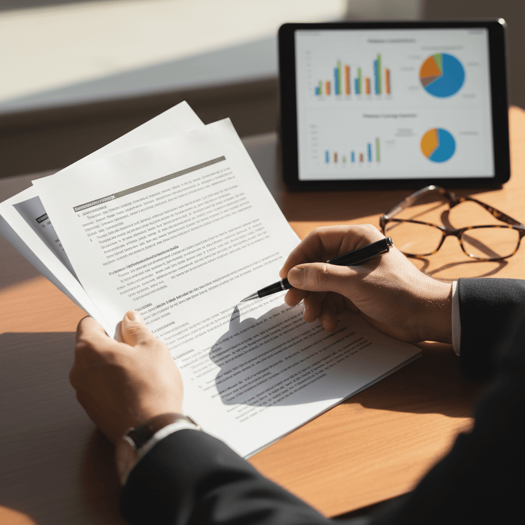 Insurance professional reviewing documents in modern office